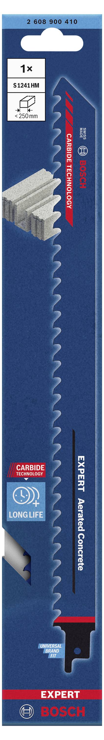 Packaging of a Bosch Expert jigsaw blade for stainless steel. Contains inscription 'EXPERT Metal' and symbols indicating durability.
