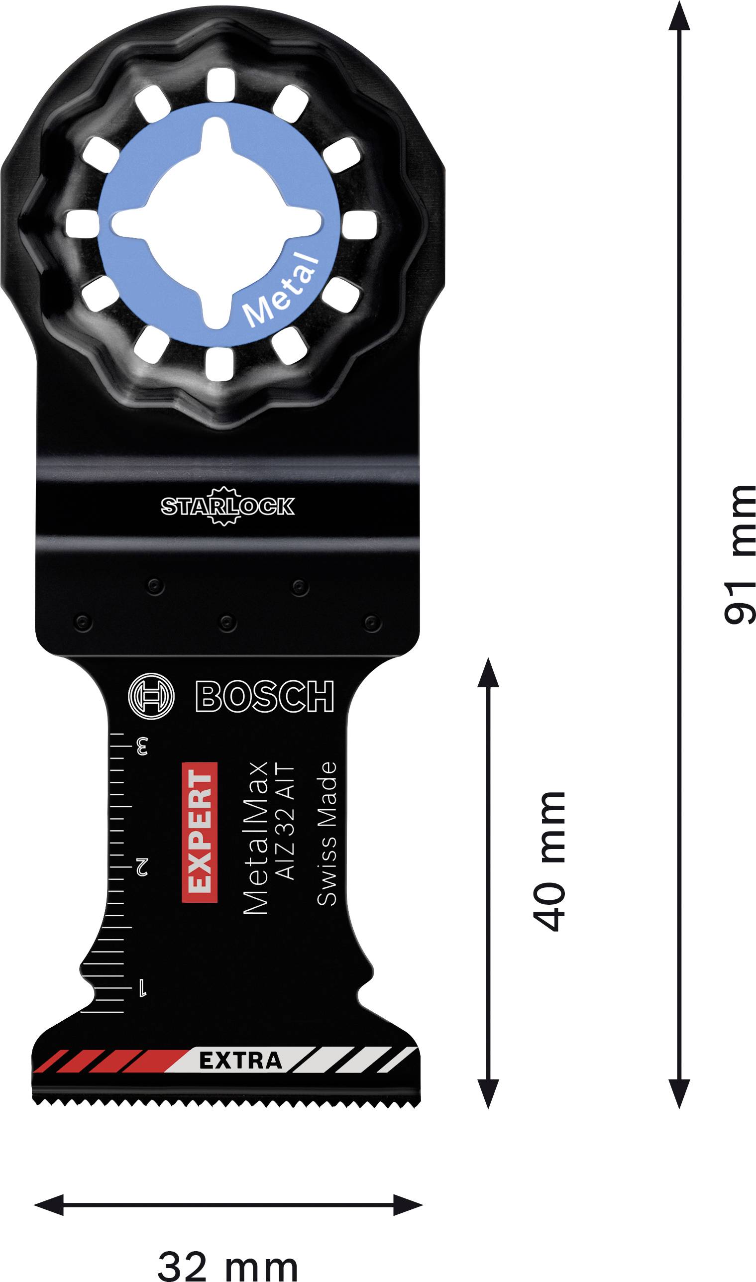 'Bosch Expert' Metal Saw Blade, 91 mm long, 32 mm wide. Black design with 'MetalMax' inscription, Starlock mount, serrated cutting edge.