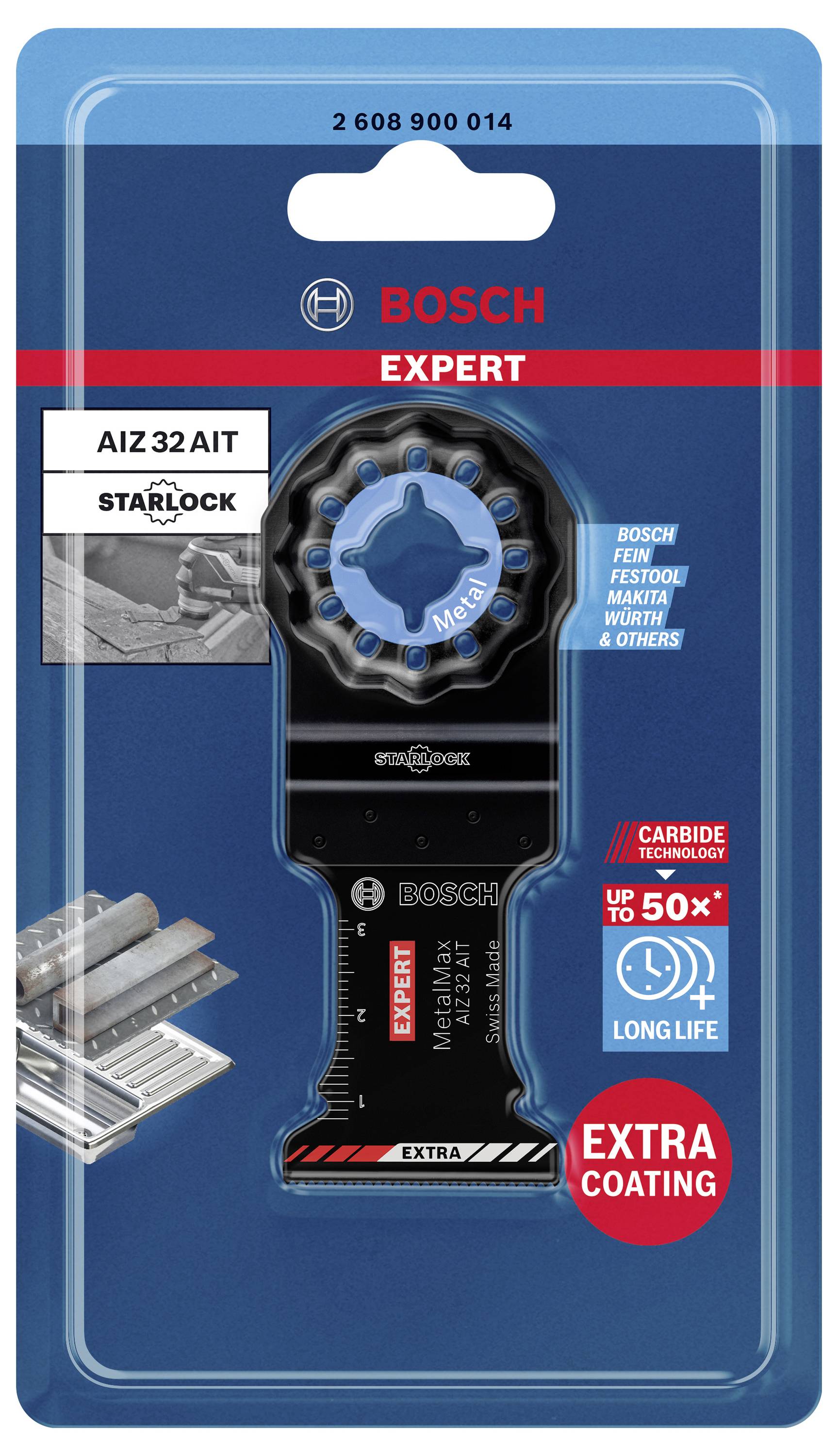 'Bosch Expert' saw blade with Starlock attachment in blister packaging. Suitable for metal, increased durability thanks to 'Extra Coating'.