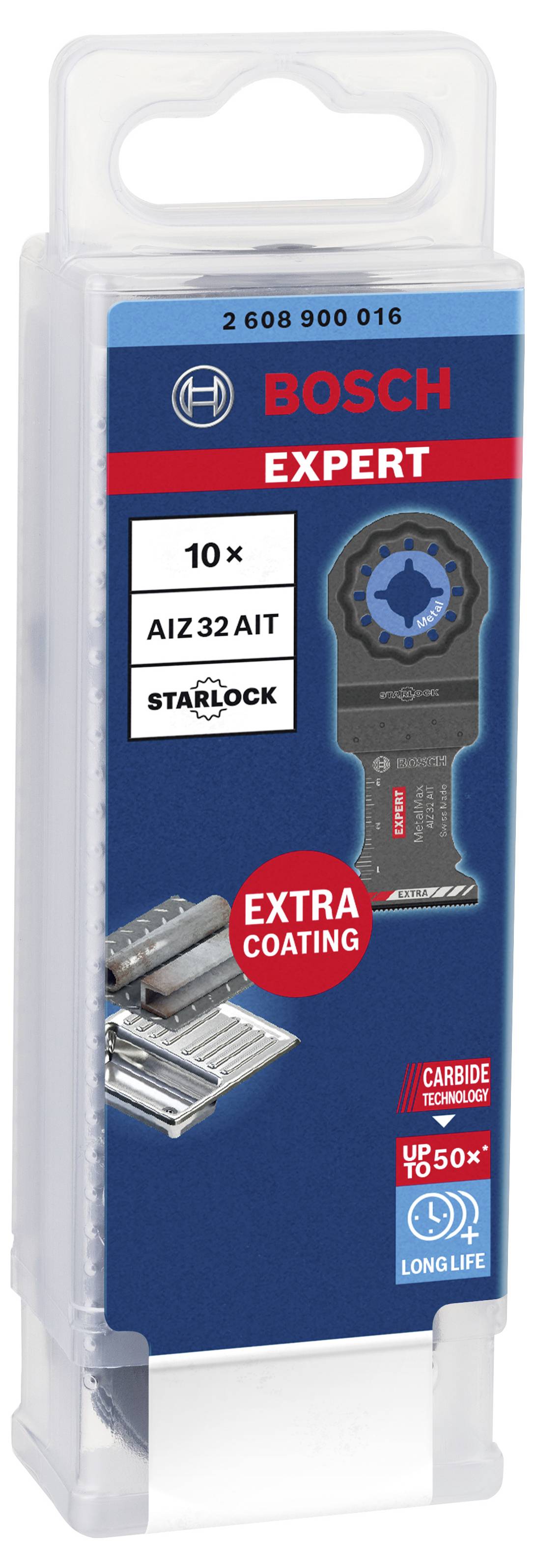 Packaging containing 10 Bosch Expert Starlock AIZ 32 AIT saw blades, suitable for various materials, with extra coating for enhanced durability.