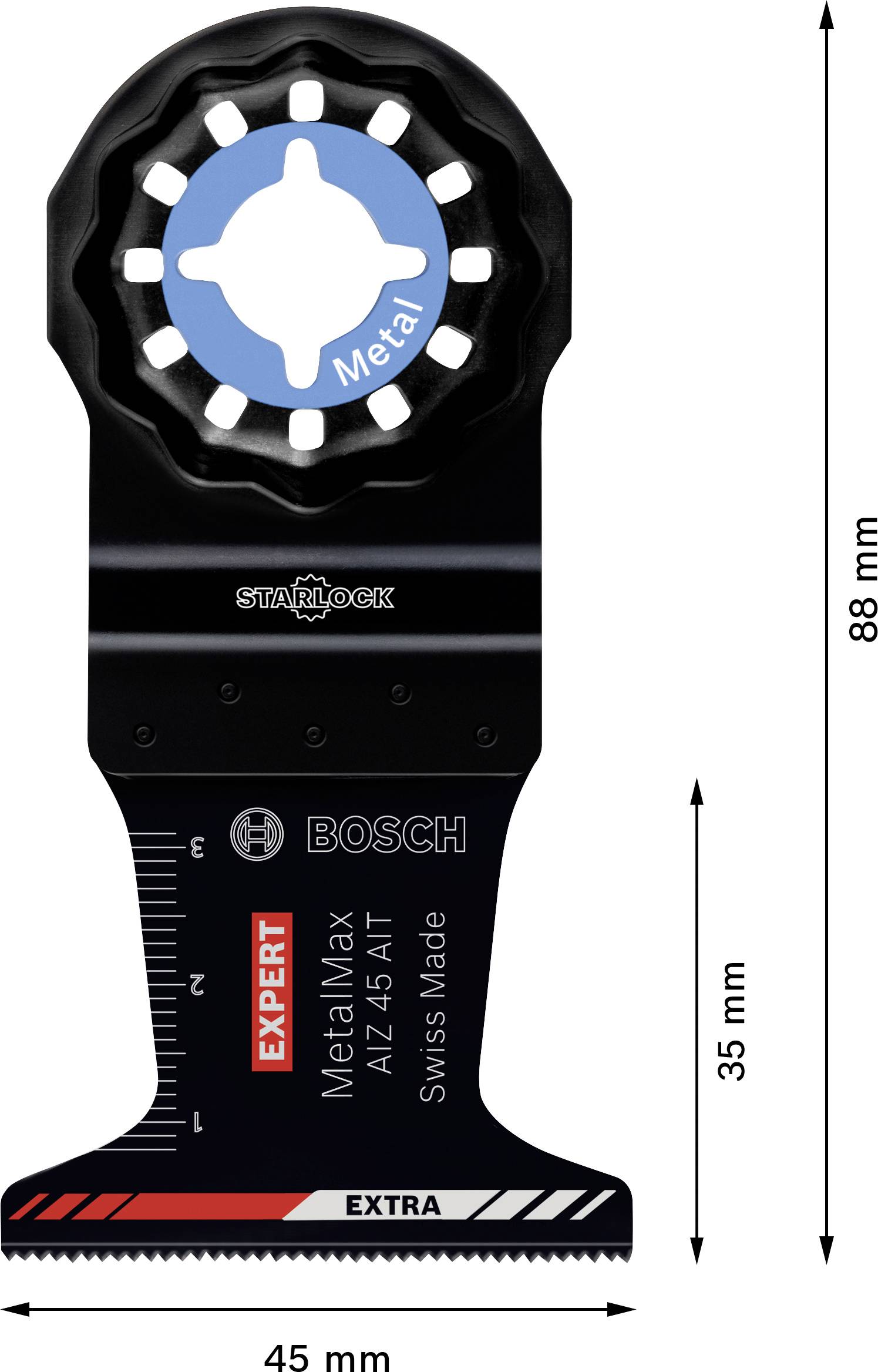 Saw blade with inscription 'EXPERT Metal Max', measuring 88 mm x 45 mm. Suitable for metal, marked with measuring scale on the left side.