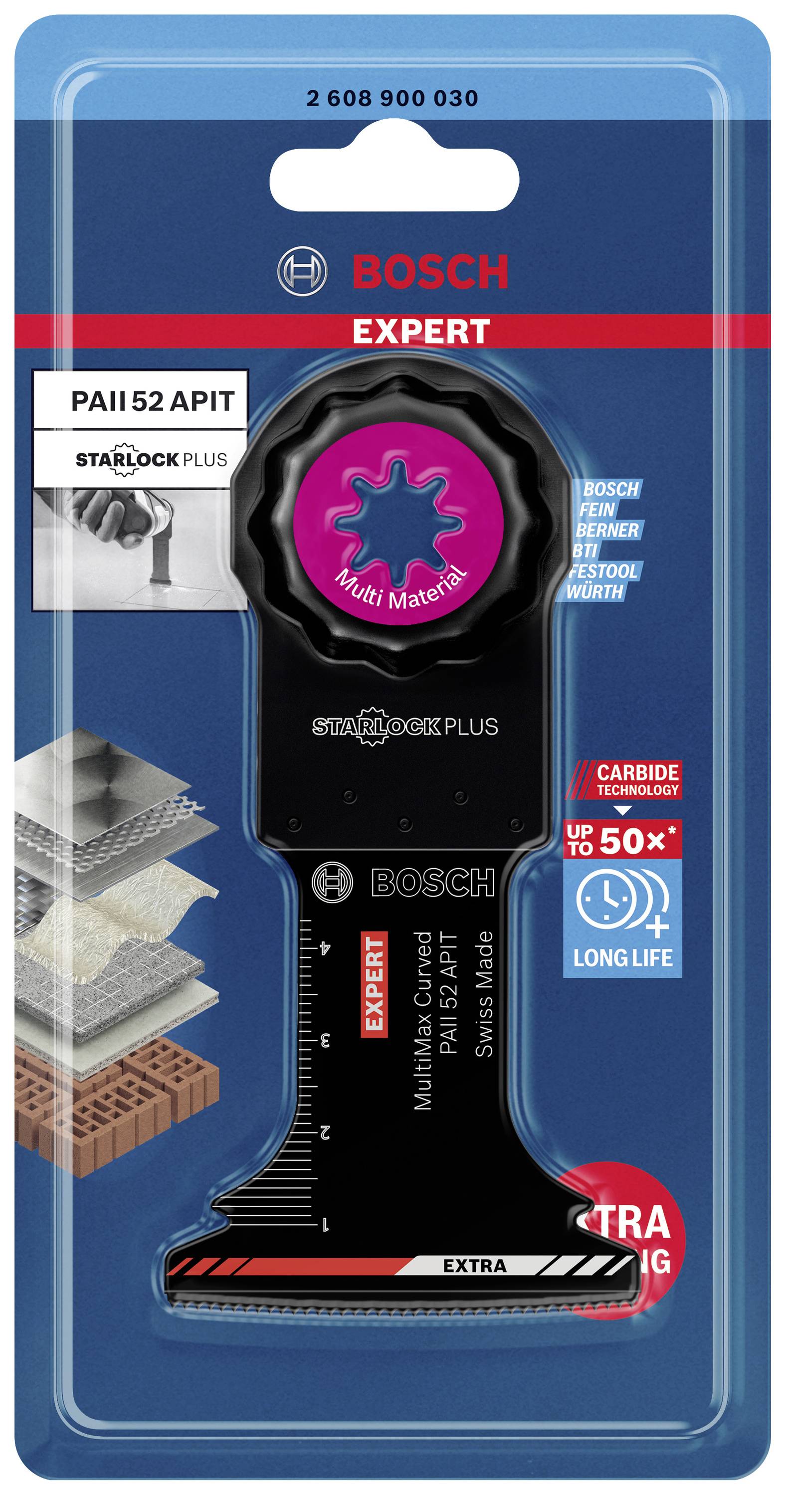 Multi-purpose saw blade by Bosch for various materials. Packaging shows saw blade, potential applications, and brand logo.