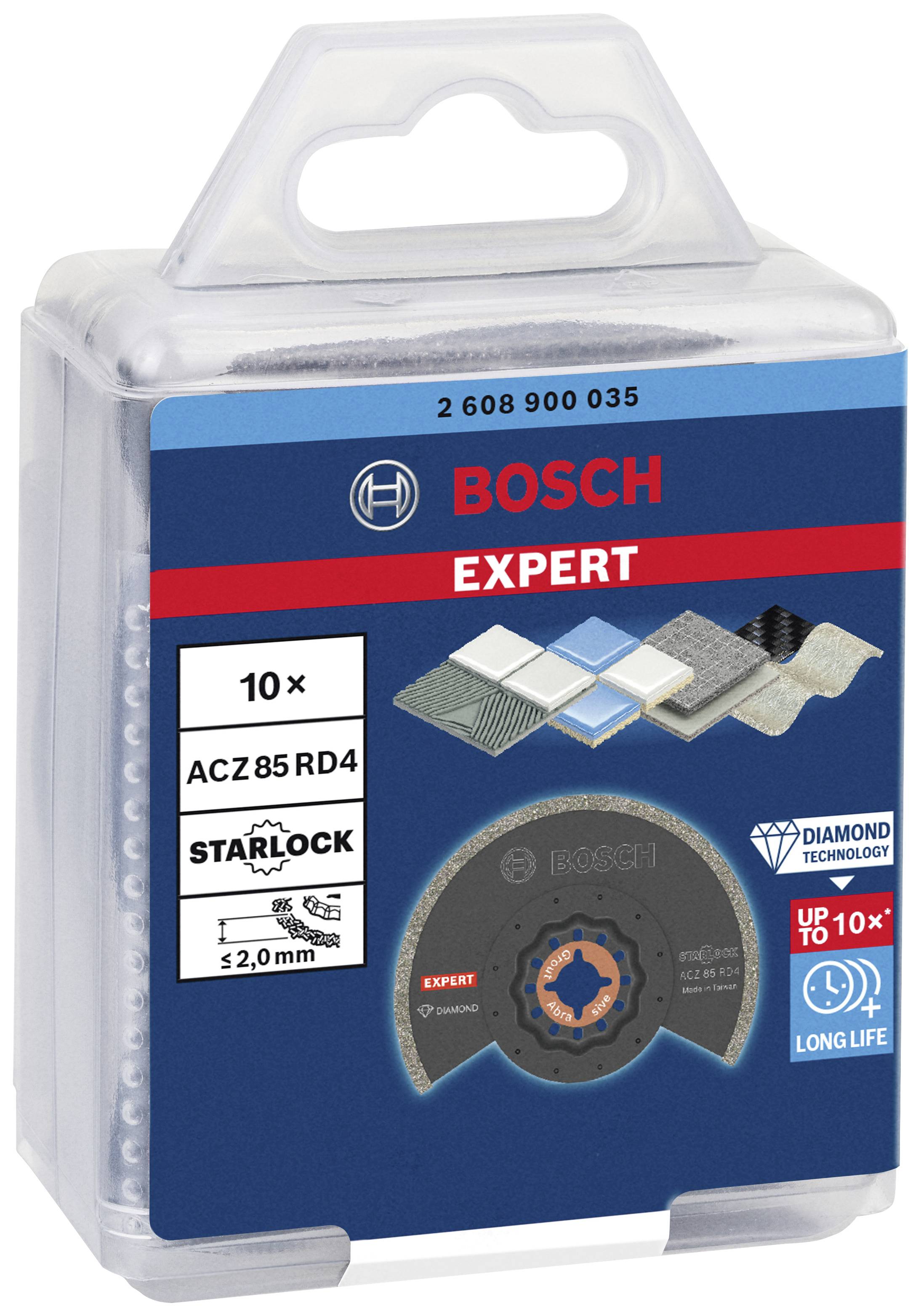 'Bosch Expert' packaging with 10 Starlock diamond saw blades for tiles, stone and metal. Long-lasting, precise cutting.