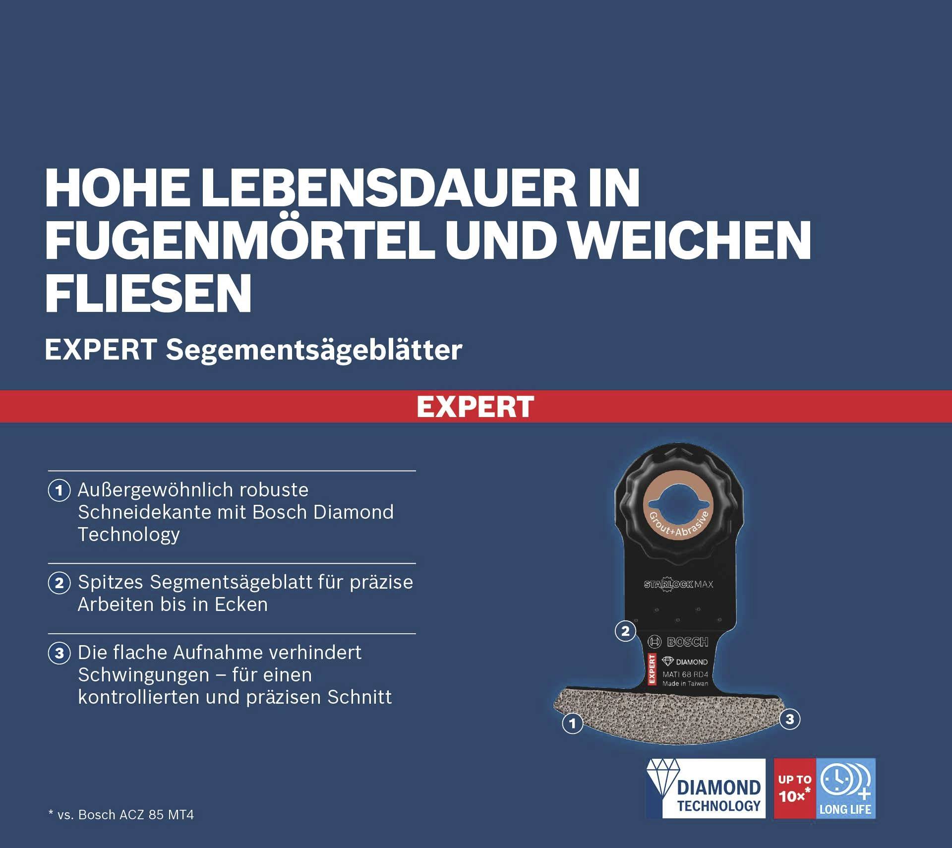 'Expert Segment Saw Blade for Grout and Soft Tiles. Robust Cutting Edge for Precise Cuts, Bosch Diamond Technology.'