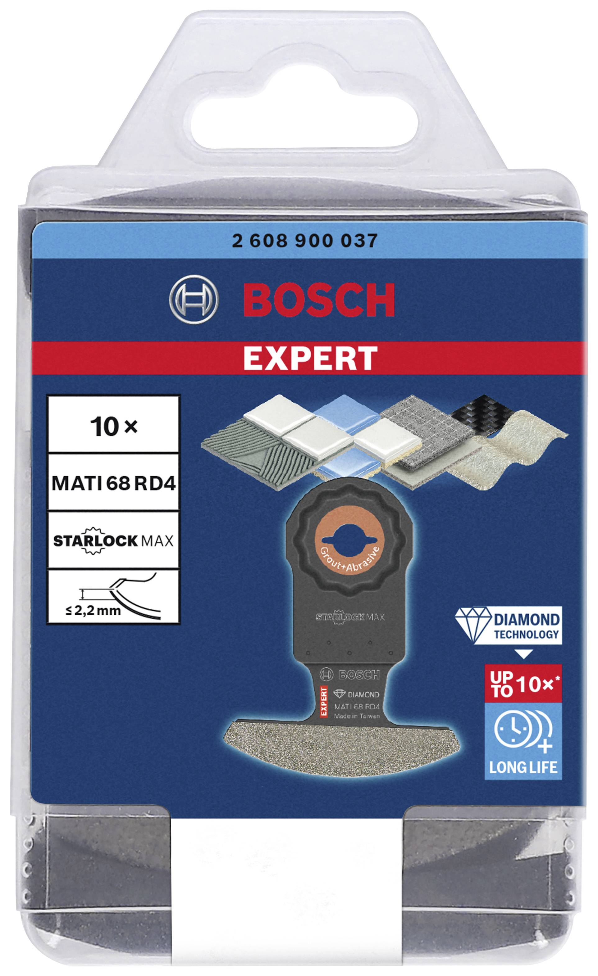 A packaging containing a Bosch Expert MATI 68 RD4 Starlock Max saw blade, suitable for various materials, with an indication of durability.