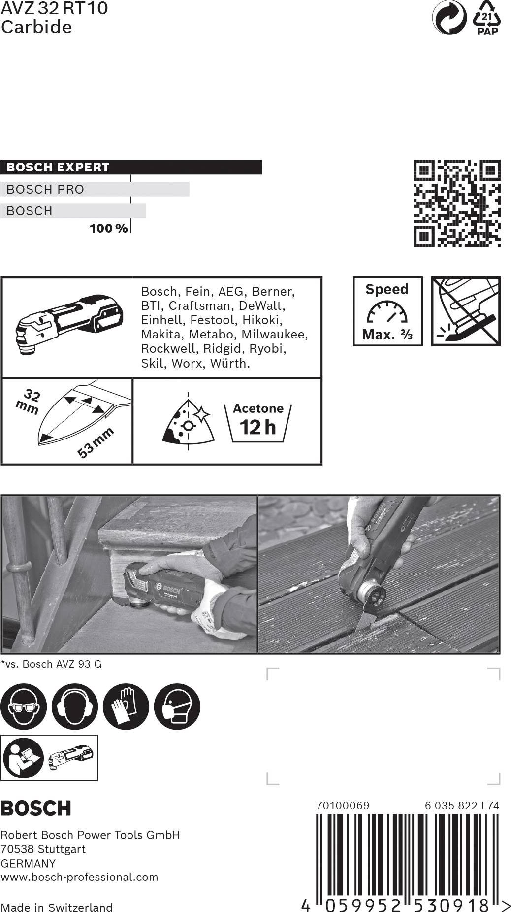 'Detailed information on the Bosch AVZ32 RT10 saw blade: 32 mm width, 53 mm depth, ideal for precise cuts in metal.'