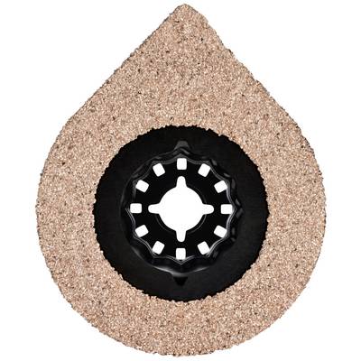 Abrasive tool with a rough, sand-like surface. Teardrop-shaped with central mounting. Suitable for material processing.