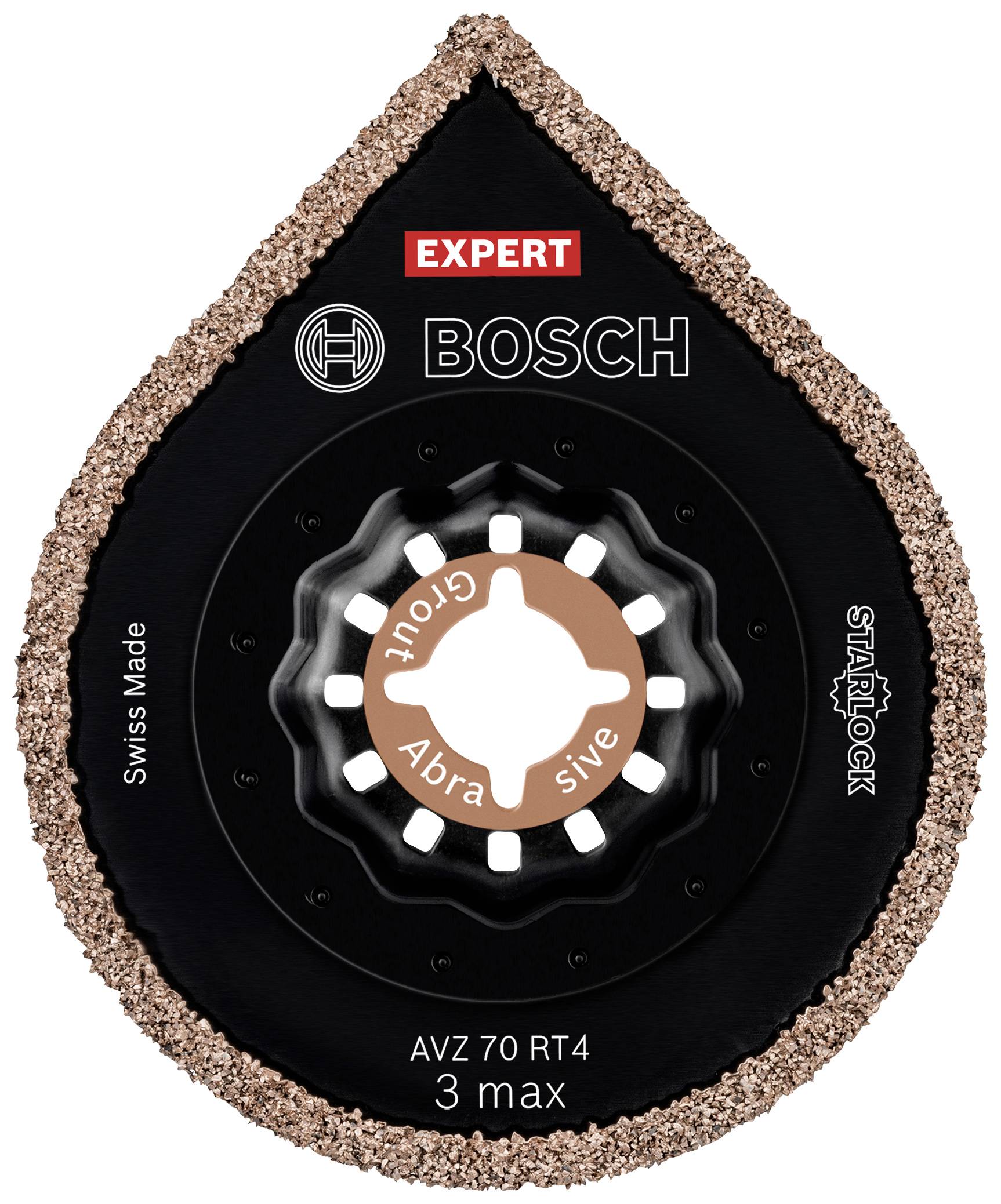 'Bosch Expert' sanding sheet with brand logo and 'Swiss Made' inscription, teardrop-shaped, robust grain, suitable for various surfaces.