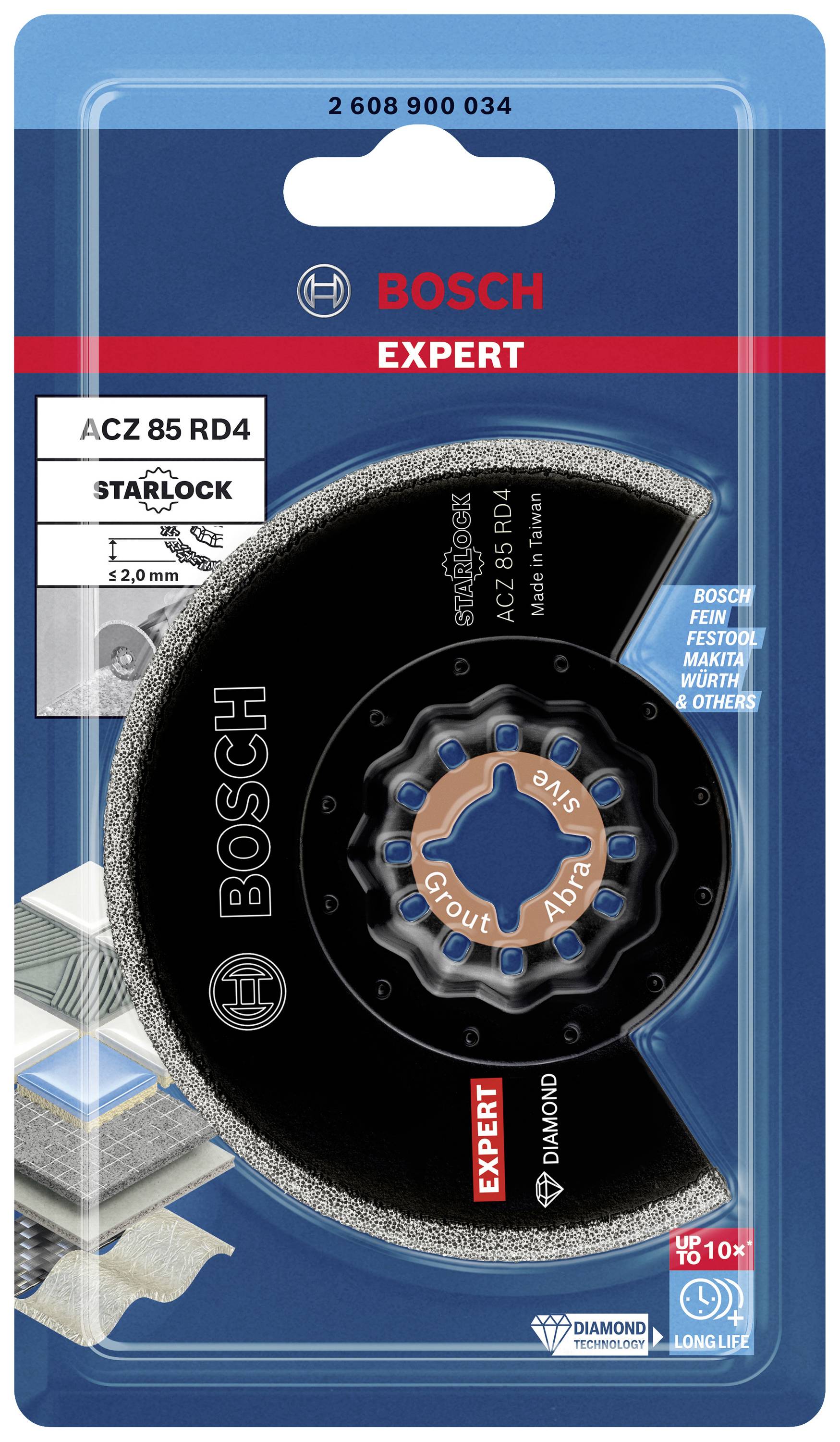 Packed Bosch diamond saw blades for multi-tool, suitable for grout and abrasive applications. The key highlight is their high durability.