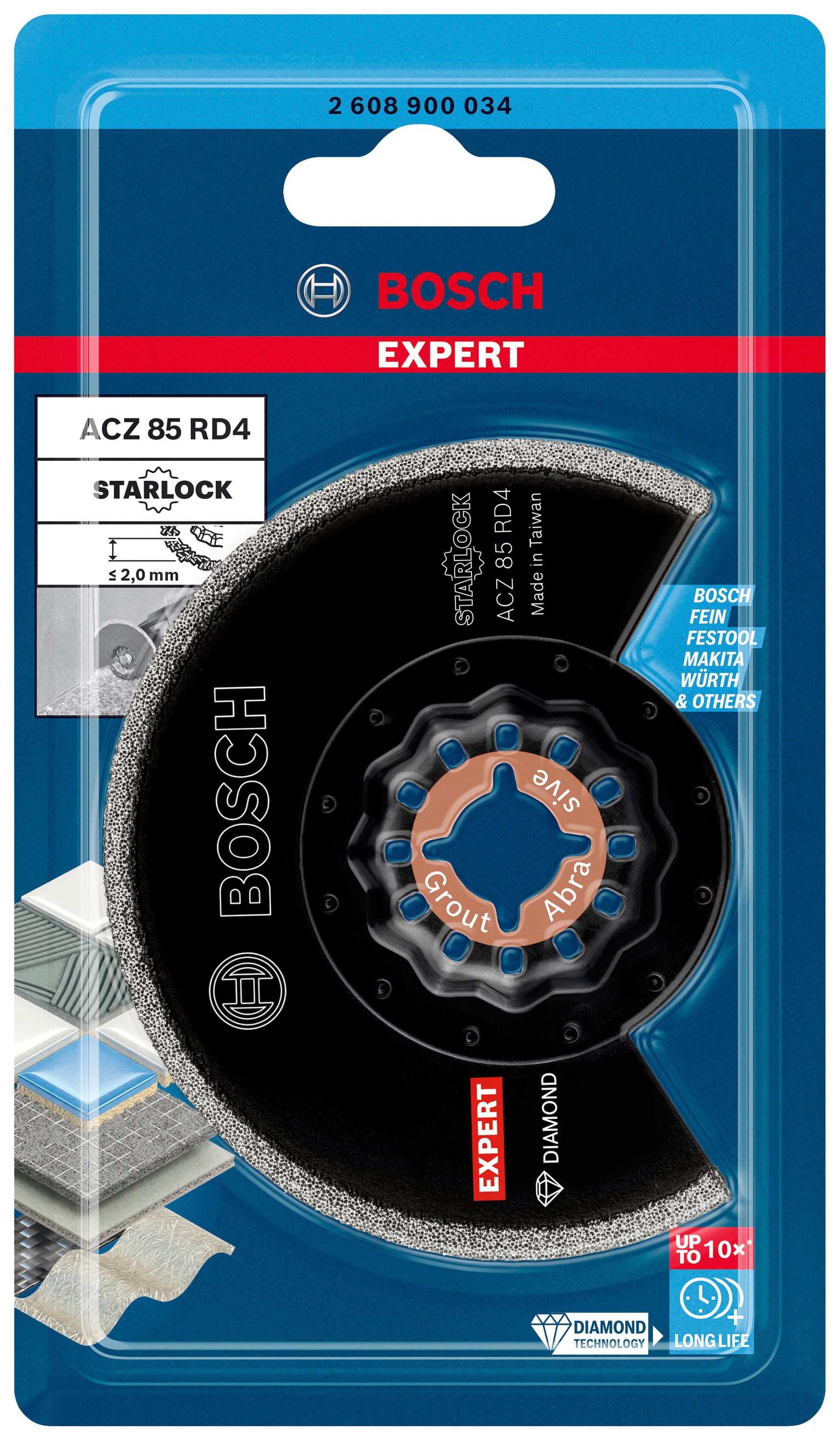 Packed Bosch diamond saw blades for multi-tool, suitable for grout and abrasive applications. The key highlight is their high durability.