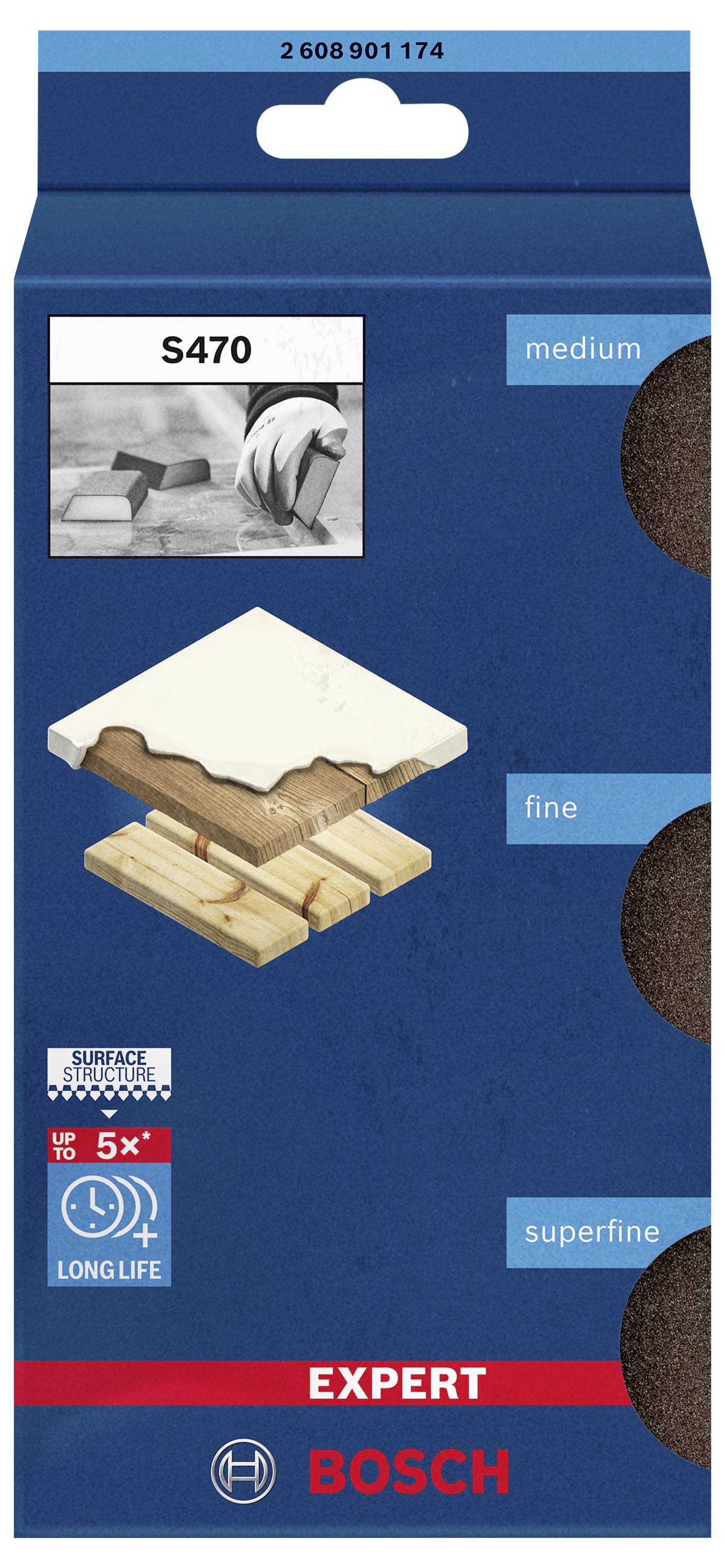 Packaging of Bosch Sanding Sheets S470 in medium, fine, and superfine grits. Image shows application on wood surface.