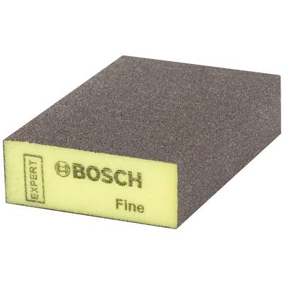 'BOSCH Expert Fine' sanding sponge on a yellow foam block, rectangular shape, brown grit, for precise sanding of fine surfaces.