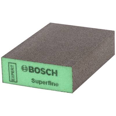 Bosch rectangular sanding sponge in green and brown, with 'Expert Superfine' printed on it, designed for fine sanding.