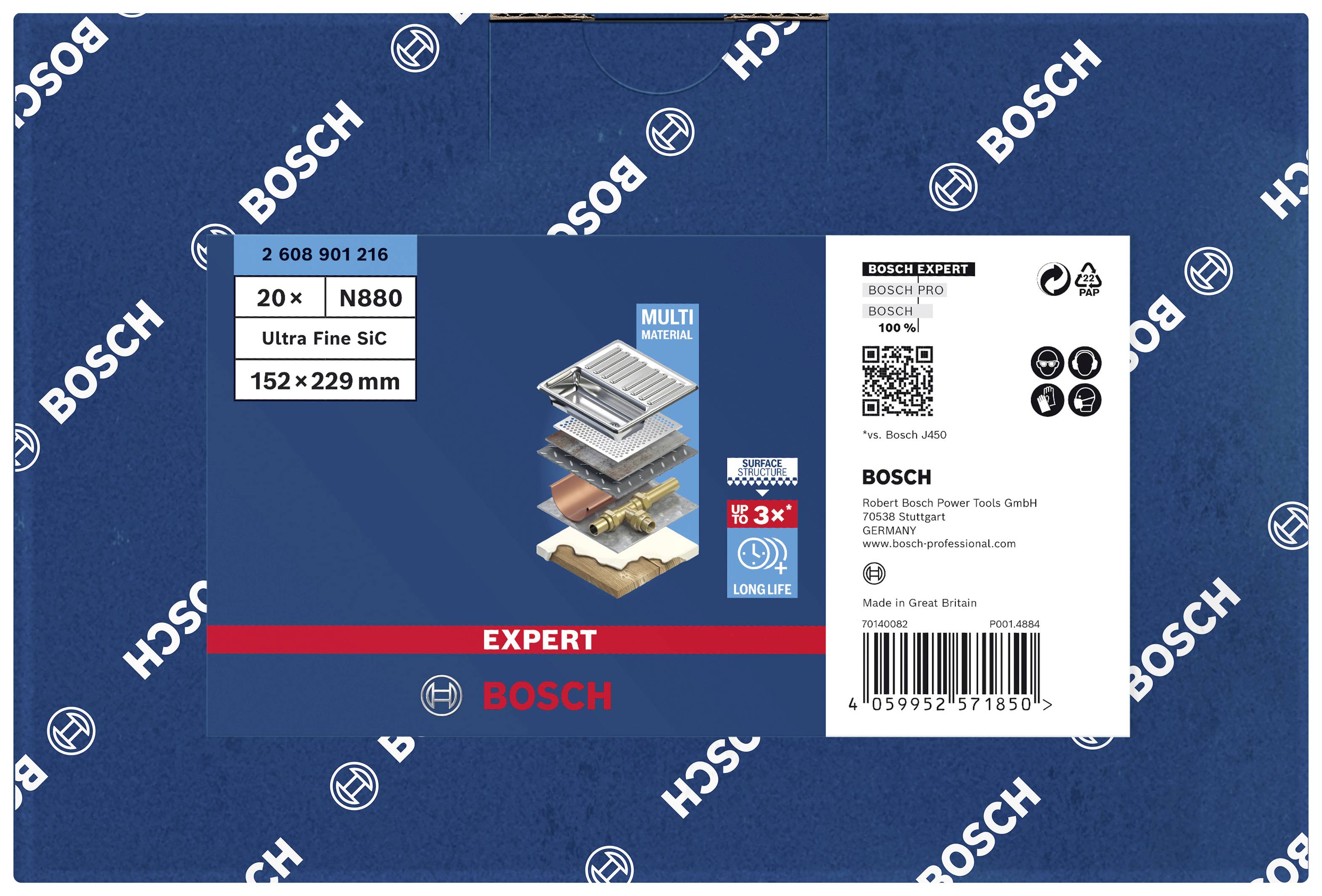 'Bosch Expert Sanding Sheets, 20 Pieces, N880, Ultra Fine SiC, 152 x 229 mm. Suitable for hand-held orbital sanders and multi-purpose sanders.'