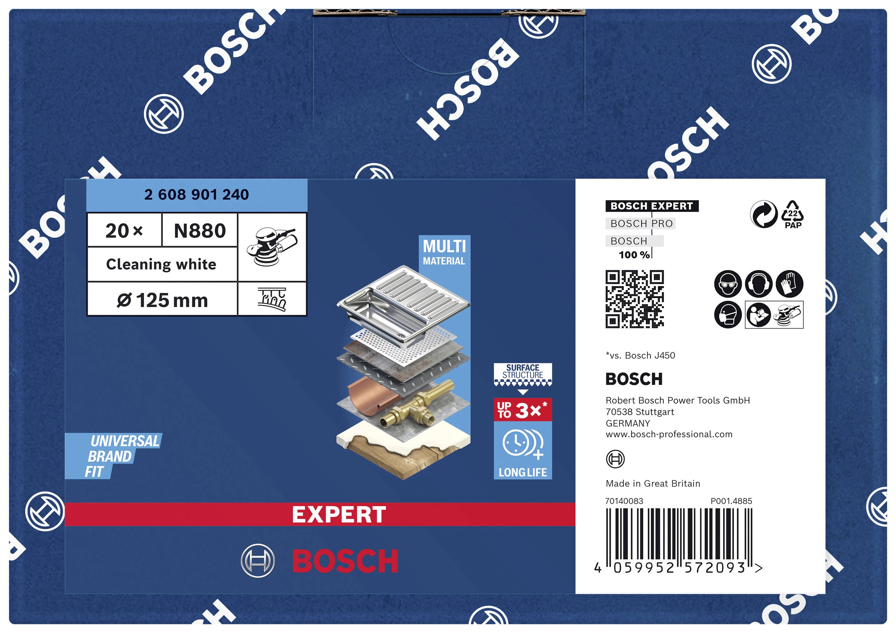 Packaging of Bosch Grinding Discs: Multi-Material, 125 mm. Contains 20 pieces. Brand name and manufacturer details visible.
