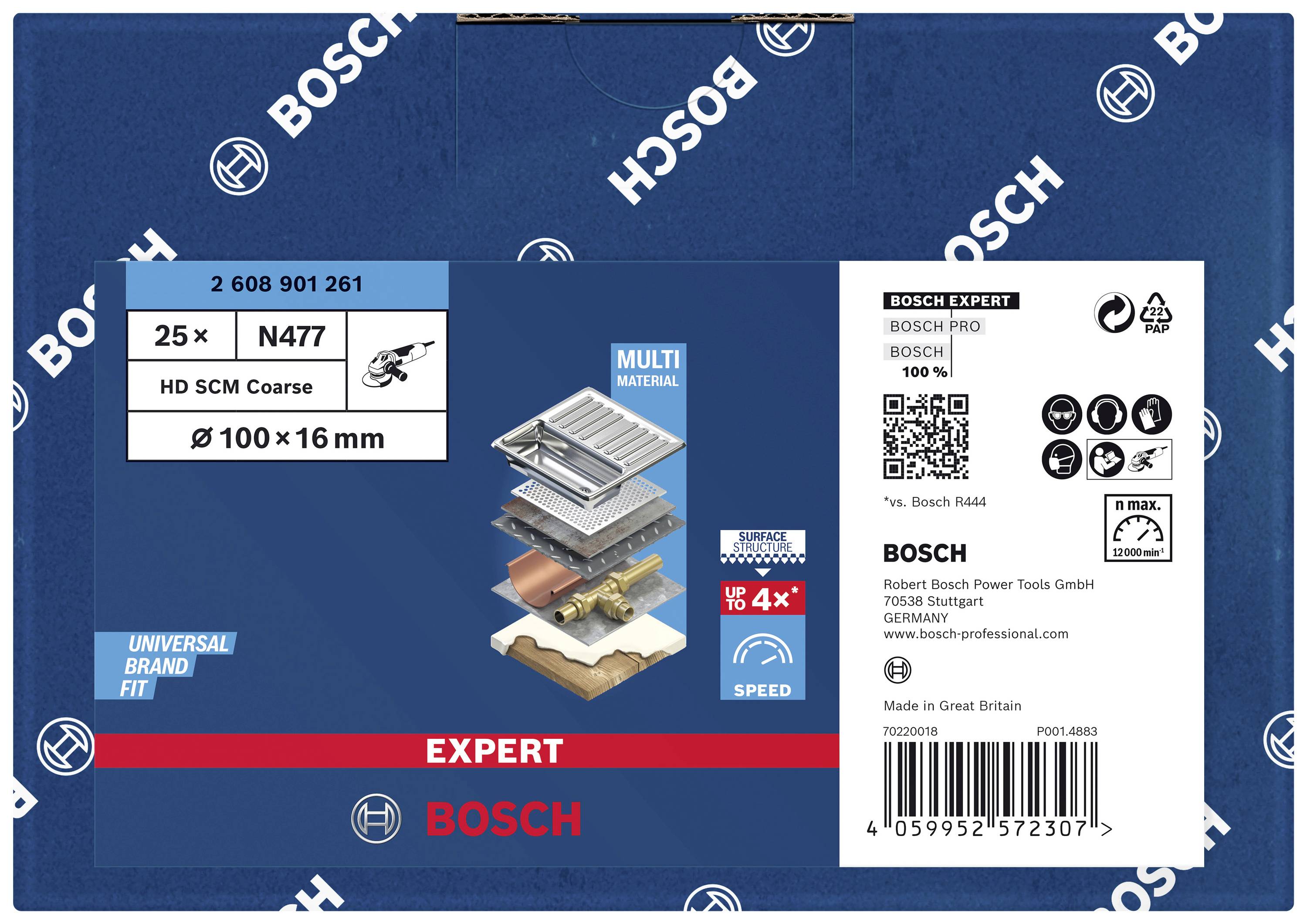 Packaging of a Bosch Multi Material Saw Blade, 'Expert' Series, showing dimensions 100 x 16 mm, suitable for various materials.