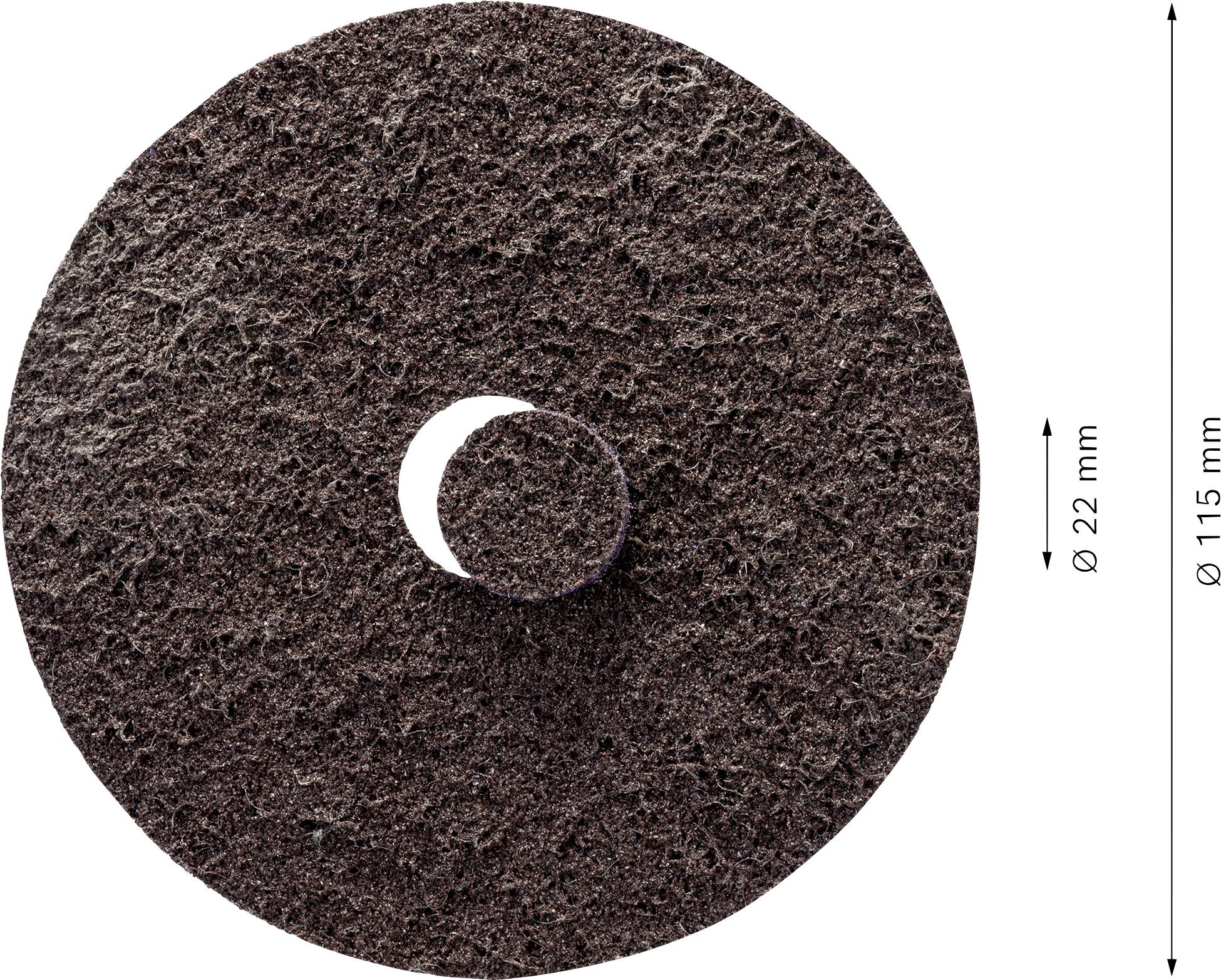 Dark, round grinding disc depicted with an inner circle and diameters of 22 mm and 115 mm.