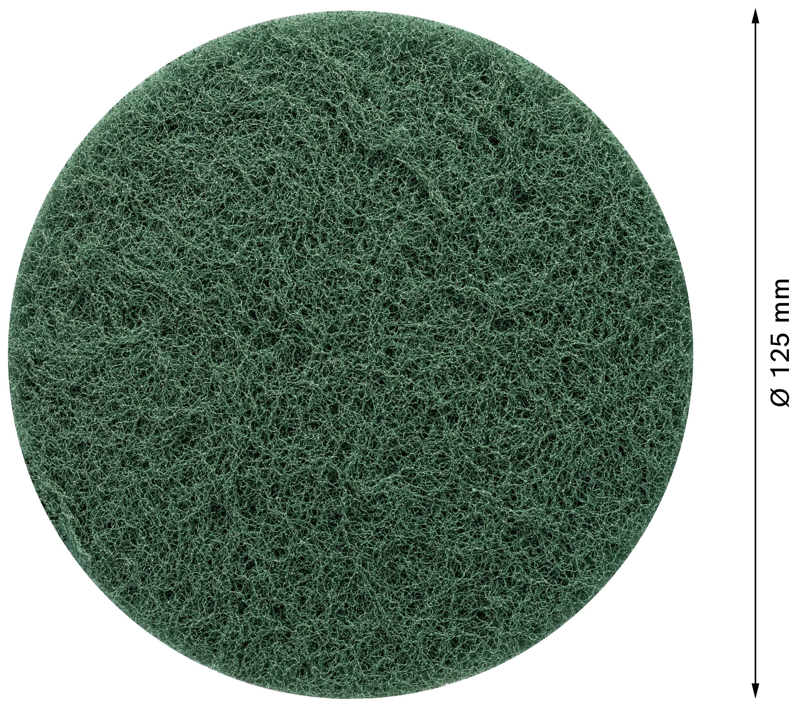 Green, round scouring pad with a diameter of 125 mm pictured.