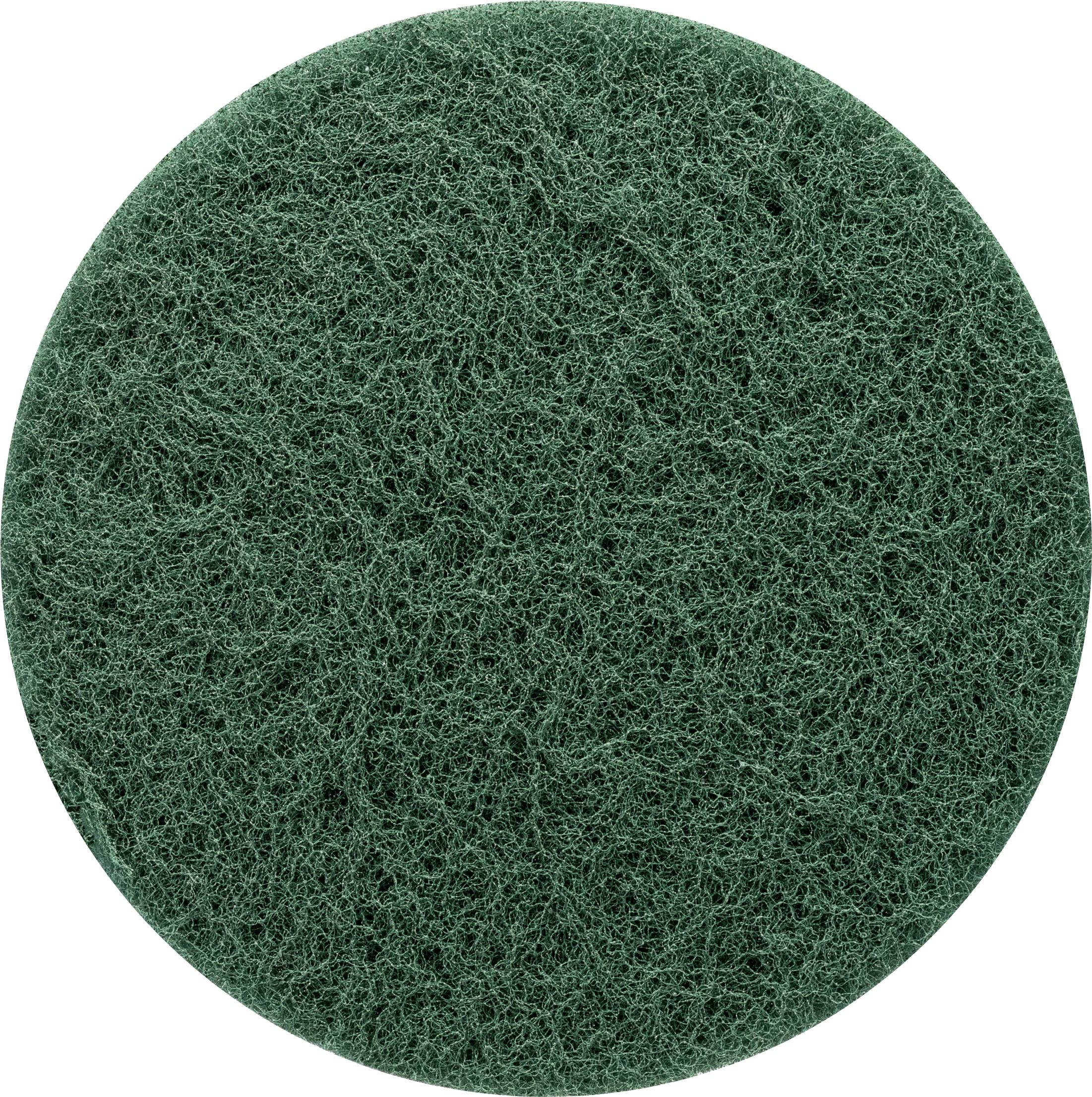 A green cleaning sponge with a rough, fibrous surface, circular in shape. Used for cleaning surfaces.