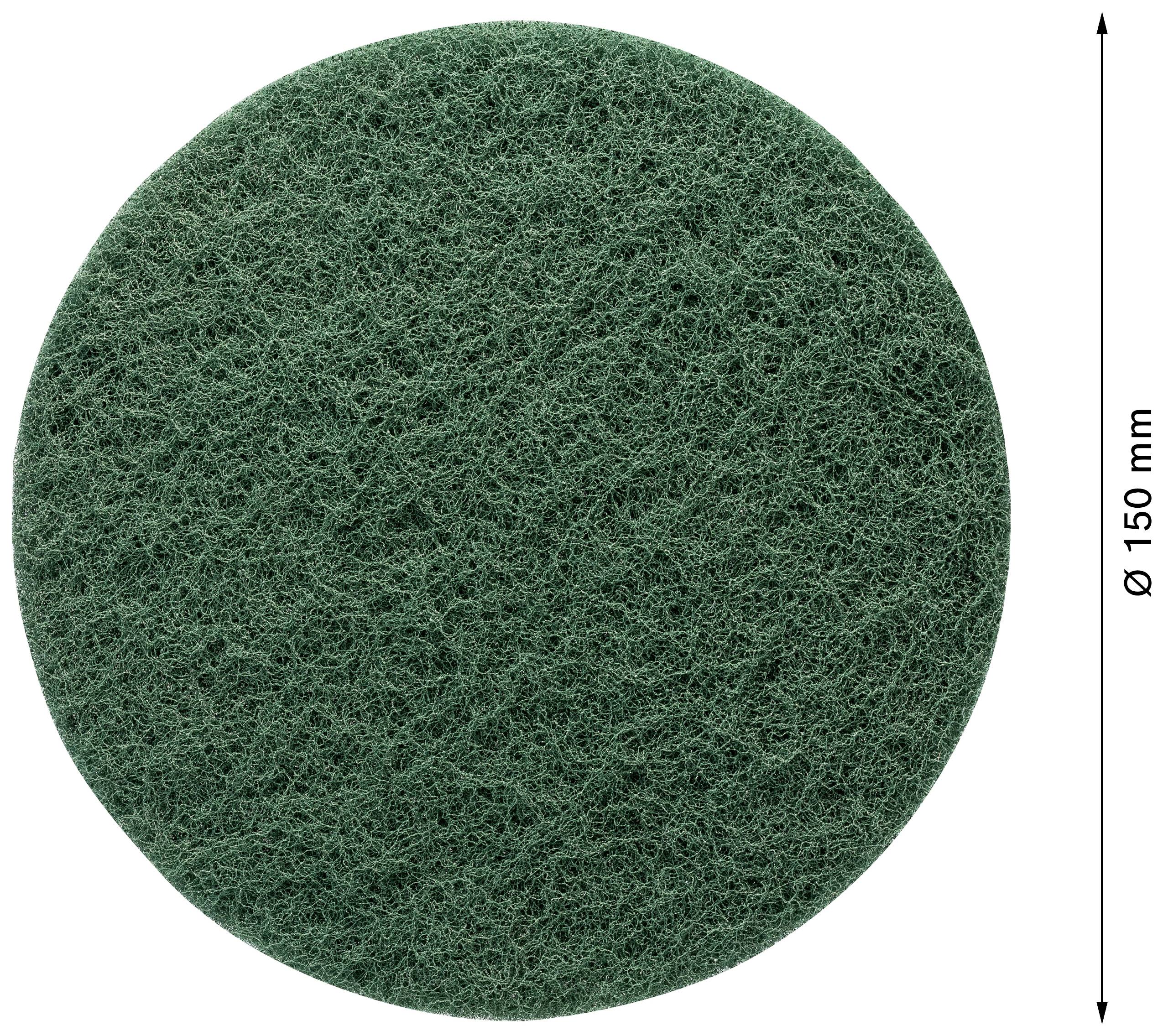 A green kitchen sponge in a circular shape with a diameter of 150 mm. Surface texture visible.