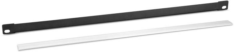 Two horizontal shutters: a black one on top with holes at the ends, a white one below without holes.