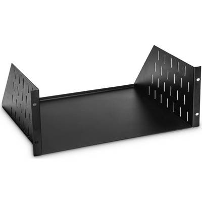 Black perforated metal shelving with raised side edges, suitable for mounting in a 19-inch rack.