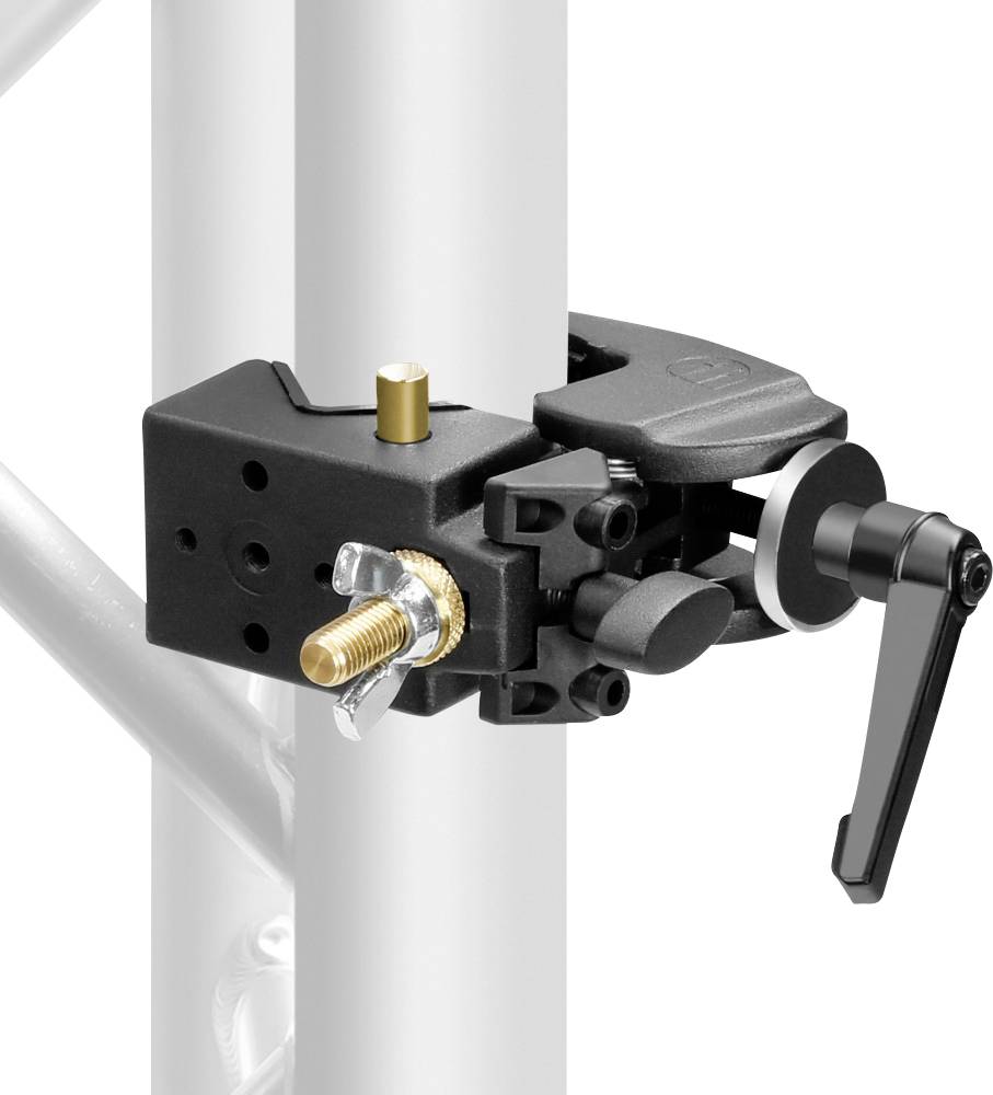 A black metal adapter is attached to a white cylindrical tube. A black crank and a gold insert are visible.