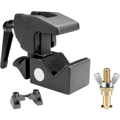 A black clamp with an L-shaped lever and rubber-lined inner surface is shown, alongside a golden screw adapter with wing nuts.
