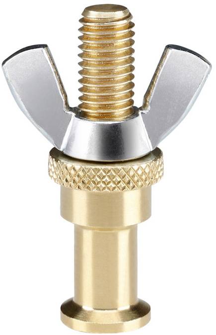 Brass-coloured wing screw with knurled handle and thread. Suitable for securely fastening and loosening fixings.