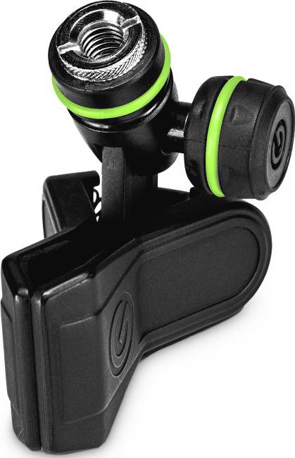 A black clip with green accents and a screw thread at its tip. Used for attaching accessories.