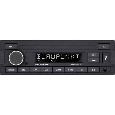 Car radio with display showing 'BLAUPUNKT'. Buttons for menus, station selection and USB port available. Model 'Freiburg 200'.