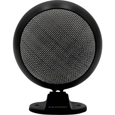 Round table microphone with black casing and silver grille, mounted on a small, black stand.