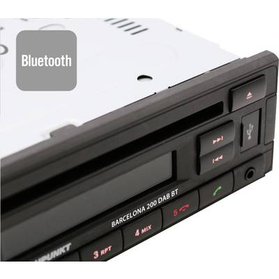 Car radio with 'Barcelona 200 DAB BT' label, buttons for playback, USB port and Bluetooth logo in the background.