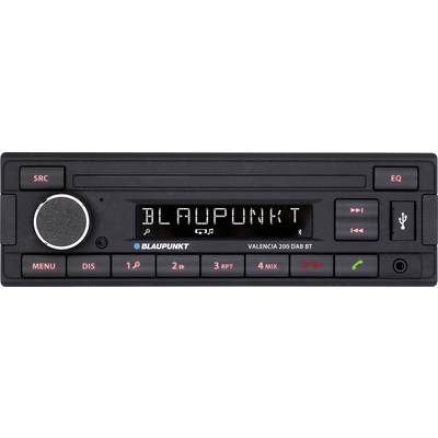 Car radio front view with display showing 'BLAUPUNKT'. Buttons for menus, volume and station selection, USB port visible.