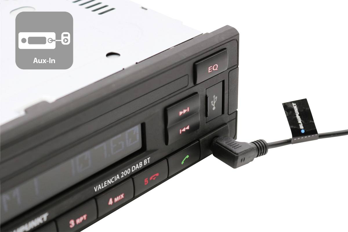 'Valencia 200 DAB BT' car radio with USB cable and auxiliary input. Buttons: EQ, USB, track forward/back. Logo in top left corner.