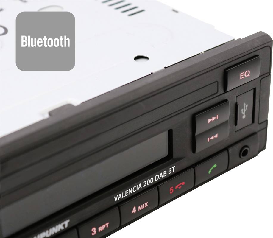 Car radio with Bluetooth, USB port and control buttons. Model name 'Valencia 200 DAB BT' visible on the front panel.