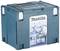 Blue Makita tool case with black handle and brand logo on top. Front shows illustration and specifications: 18L volume.