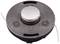 A round, black nylon spool with thread head, suitable for lawn strimmers, featuring two protruding nylon lines for garden use.