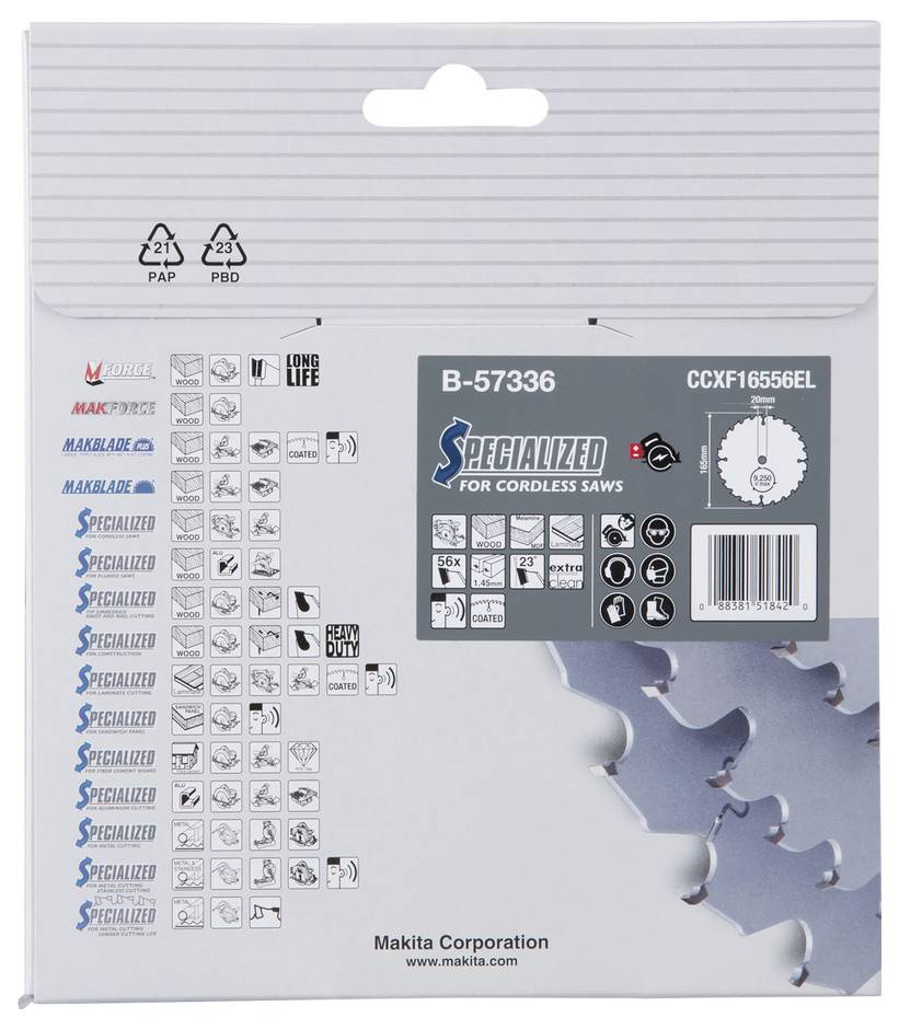 'Makita Specialized for Cordless Saws' packaging. Features illustrations of saw blade specifications, barcodes, and brand logos.