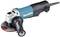 A blue-bodied angle grinder with a black handle featuring the 'Makita' logo. It has a red and white grinding disc.