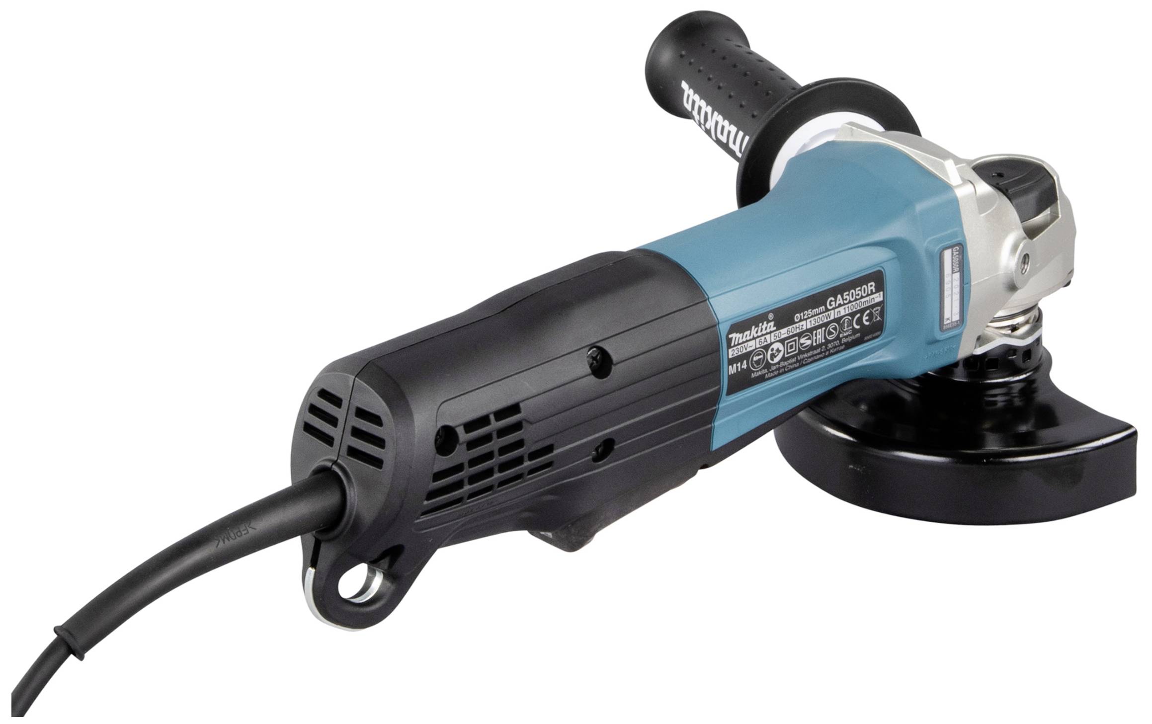 A blue angle grinder with a black handle and power cable is lying on a white surface.