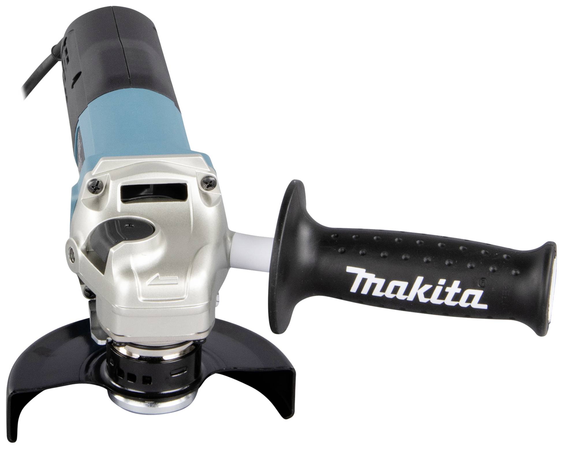 Blue angle grinder with a black handle featuring the 'Makita' logo, against a white background.