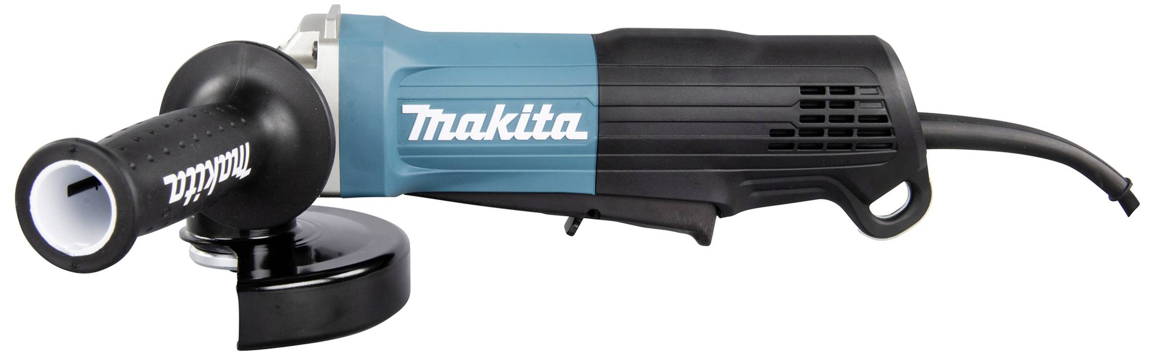 A blue and black angle grinder with the brand name printed on it. A handle on the side, cable visible.