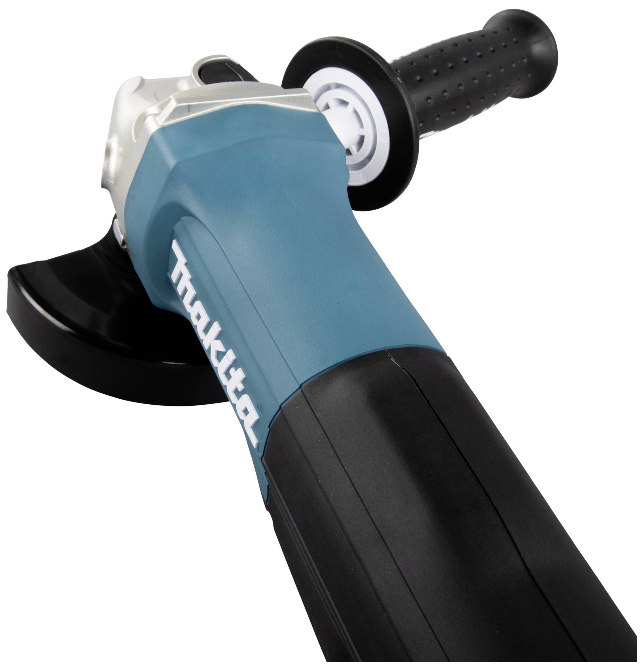 Angle grinder in close-up, blue-black, with handle and grinding disc visible, brand name on the side.