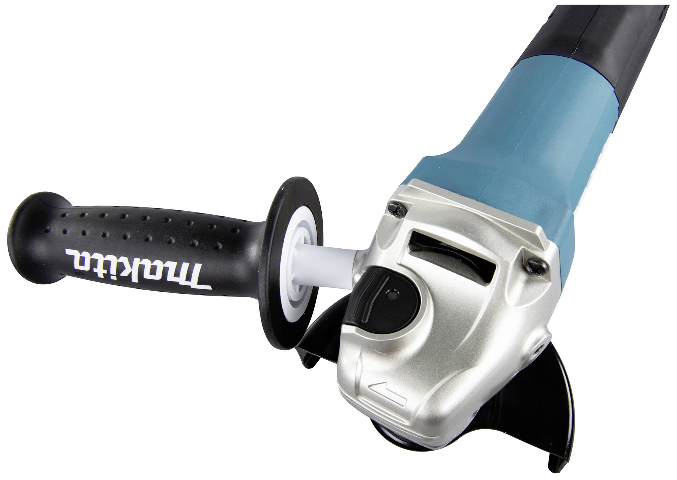 A close-up of an angle grinder, with a blue body and black handle.