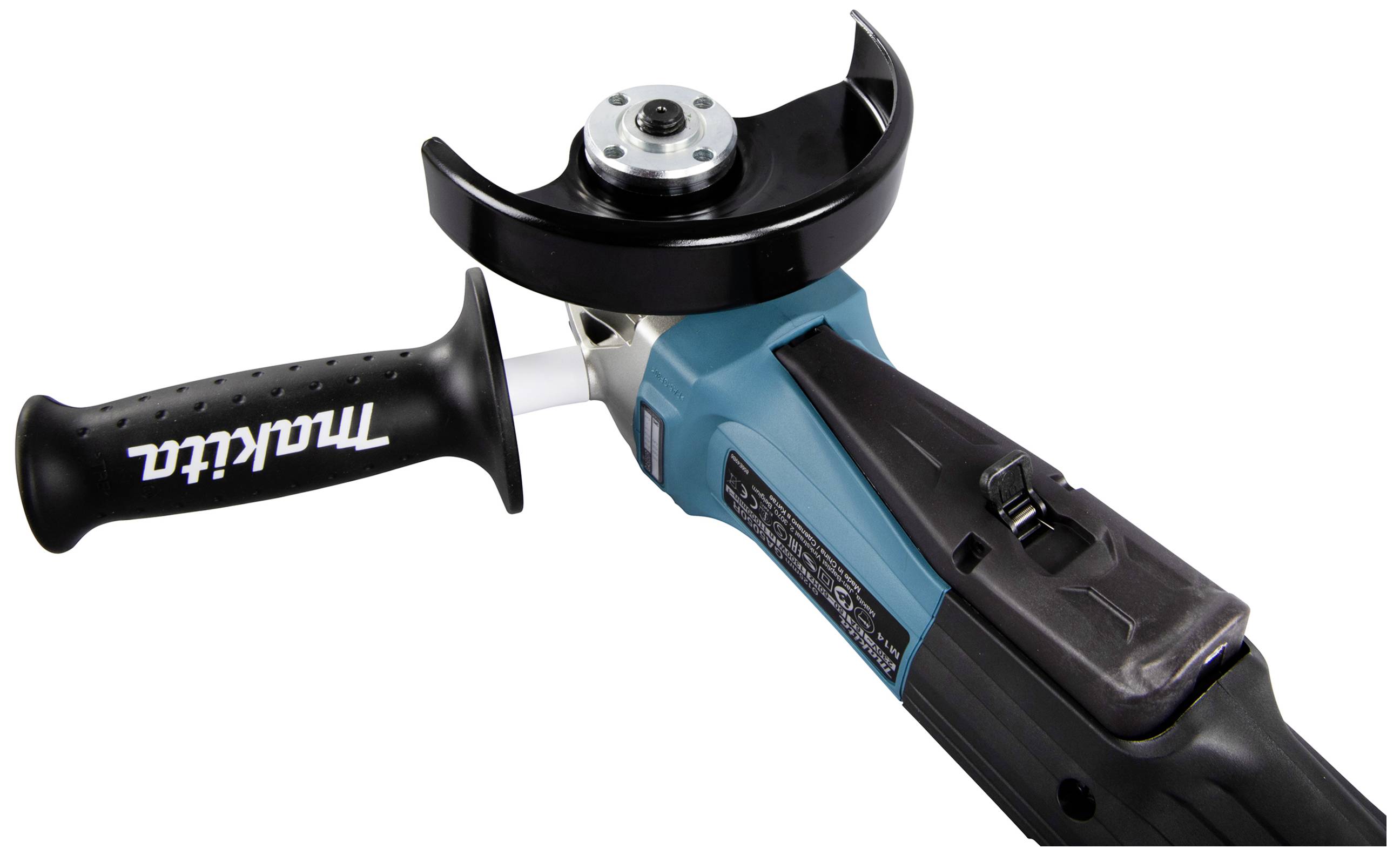 A blue angle grinder with a black guard and handle. Brand name in white on the handle.