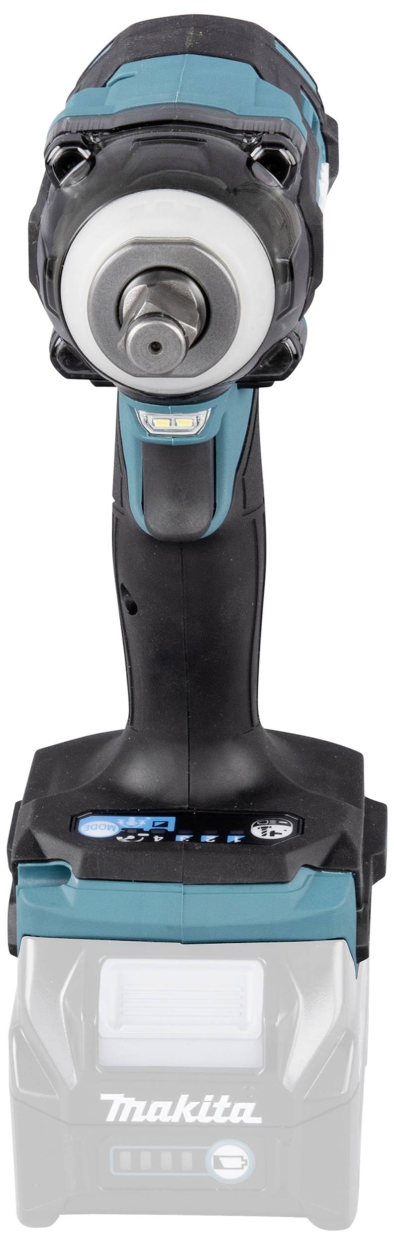 Cordless drill viewed from the front. Compact design, black handle, green casing, showing the bit holder at the front.