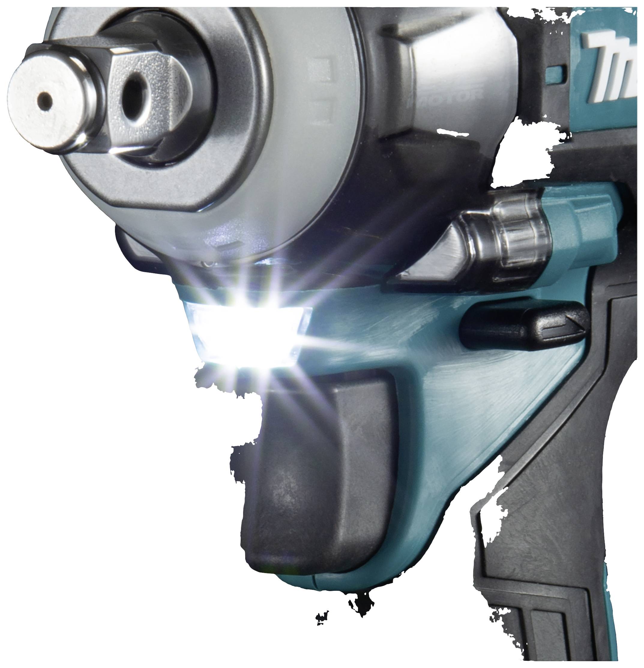 Cordless drill in use with illuminating LED light, showing a close-up section of the device. Primary colour is turquoise.