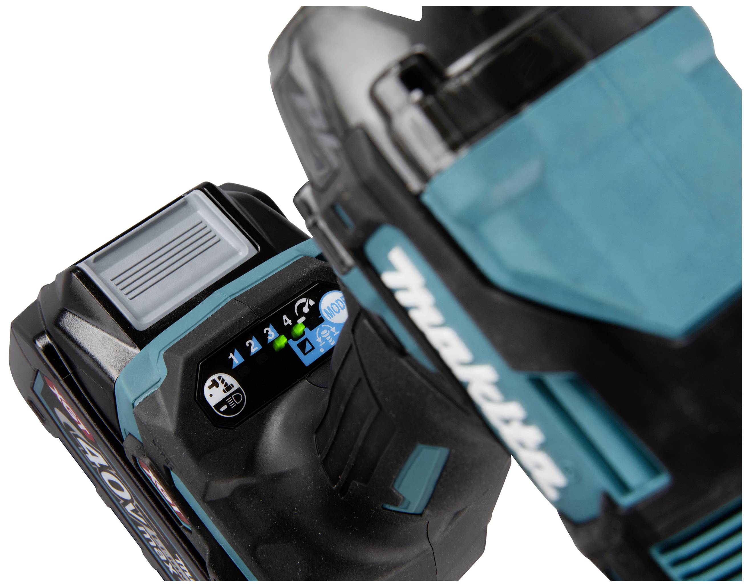 A cordless drill with a digital display showing the battery charge level, Makita brand, in close-up.