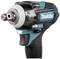 Makita impact driver, front view. Tool is turquoise and black, with an ergonomic handle.